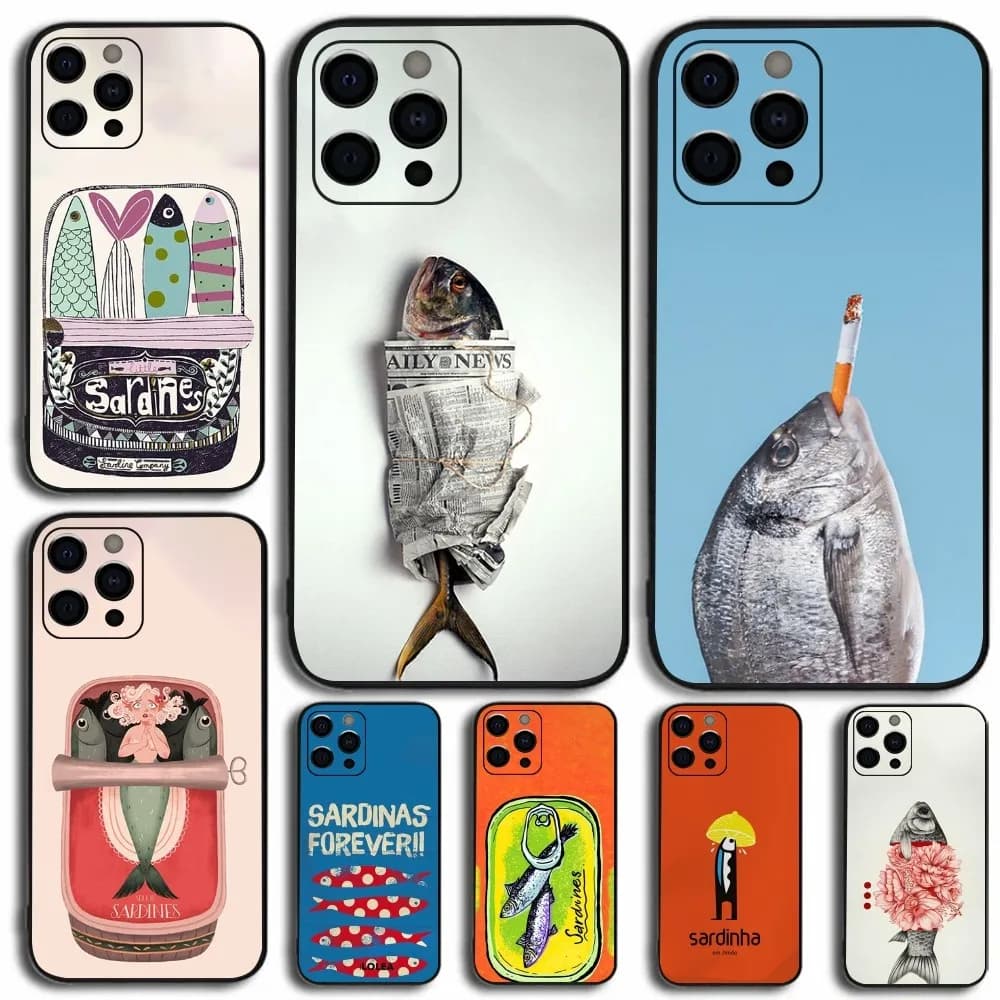 Fish Sardines Art Phone Case For Apple iPhone 15,14,13,12,11,Pro,X,XS,Max,XR,Plus,Mini Soft Black Cover