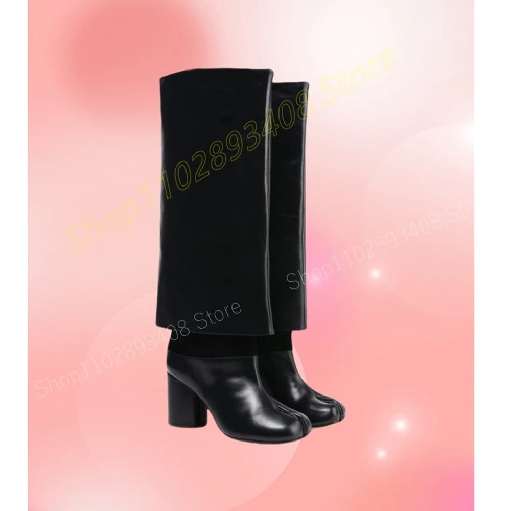 Split Toes Design Knee High Boots Black Matte Leather Round Chunky High Heel Fashion Sexy Women Shoes 2024 Zapatos Para Mujere