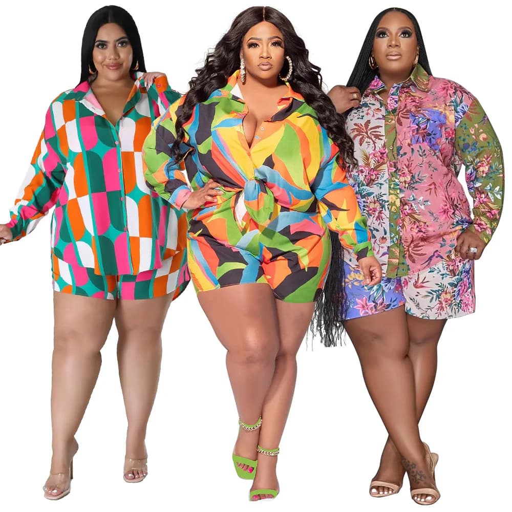 Plus Size Woman Shirt Two Pieces Outfit Summer Colorful Printing Long Sleeves Tops with Buttons Casual Loose Shorts Holidays