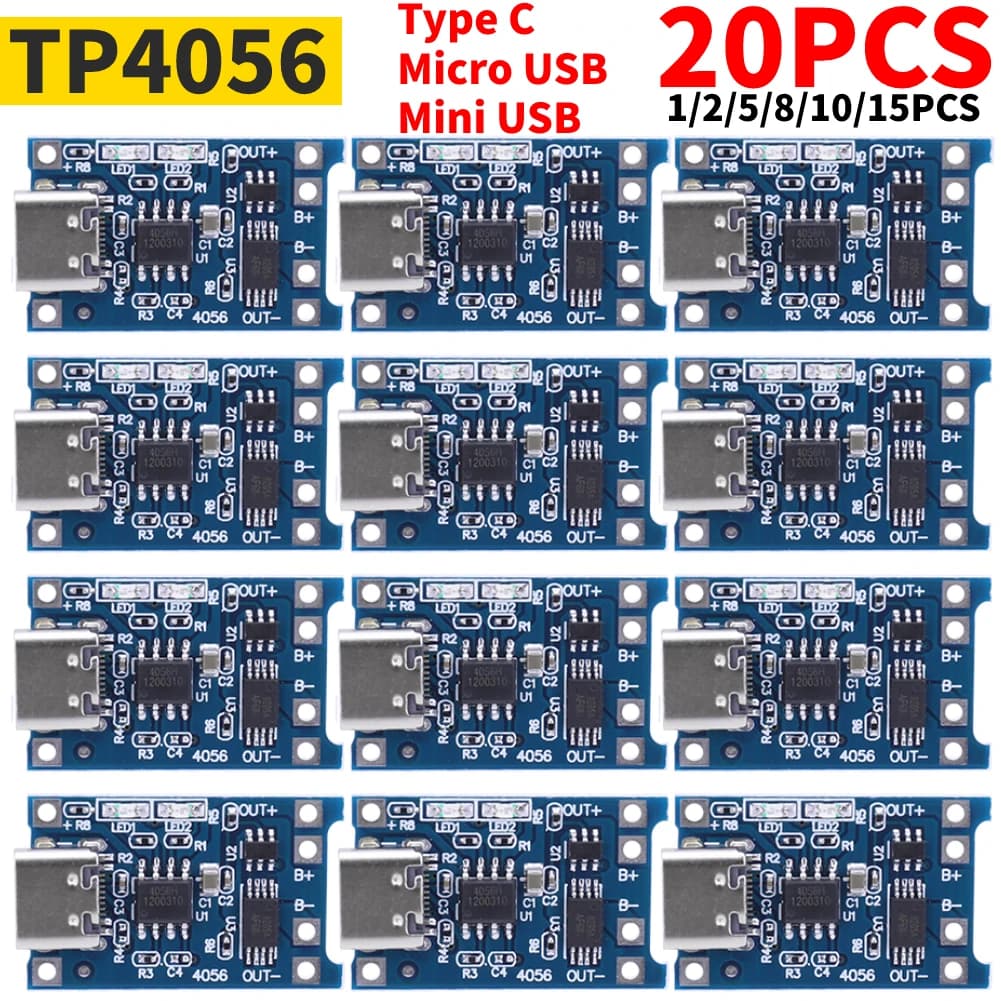 1-20PCS Type-c/Micro/Mini USB 5V 1A 18650 TP4056 Lithium Battery Charger Module Charging Board With Protection Dual Functions 1A