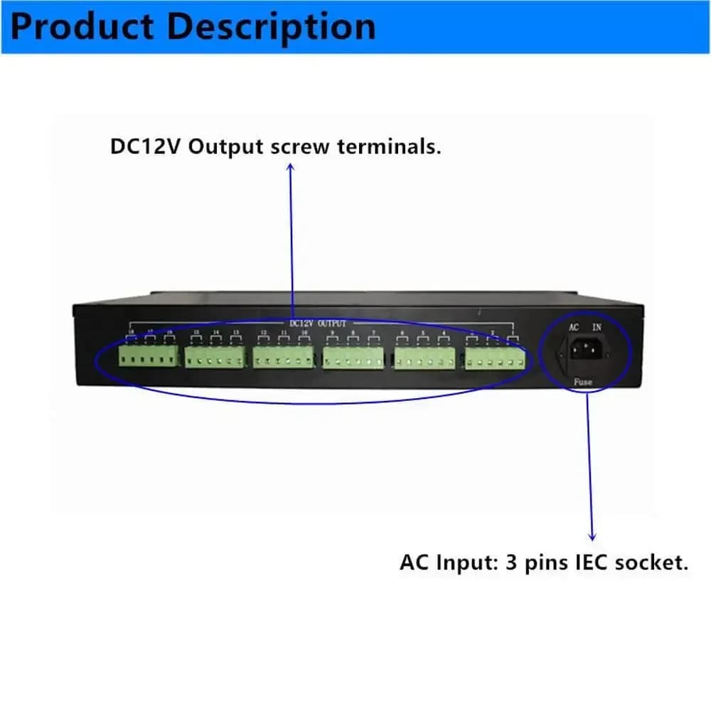 16-Port 12V 20A PTC Fuse CCTV Power Supply Metal Box AC Plug Security Cameras DVRs IP Cameras