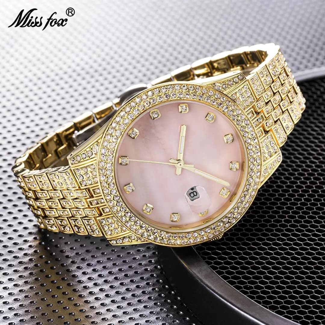 Luxury Iced Watch For Mens Fashion Roman Pink Plate Full Diamond Waterproof Luminous Automatic Date Quartz Wristwatches Men Gift