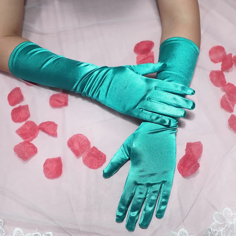Green Teal Stretchy Shiny Satin Tea Gloves Prom Evening Party Wedding Bridal Charm Gloves Full Finger Long Women's Gloves