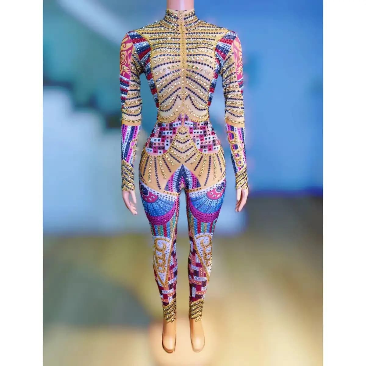 Full Diamond Printed Sexy Jumpsuit Nightclub DJ Bar Female Singer Dance Team Stage Costume Model Party Theme Show Clothing