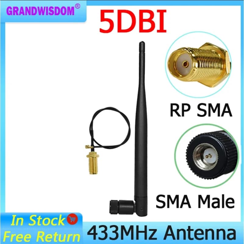GWS 433Mhz for LORA Antenna 5dbi 433 mhz RP-IOT Connector Rubber waterproof for Lorawan SMA feMale Extension Cord Pigtail Cable