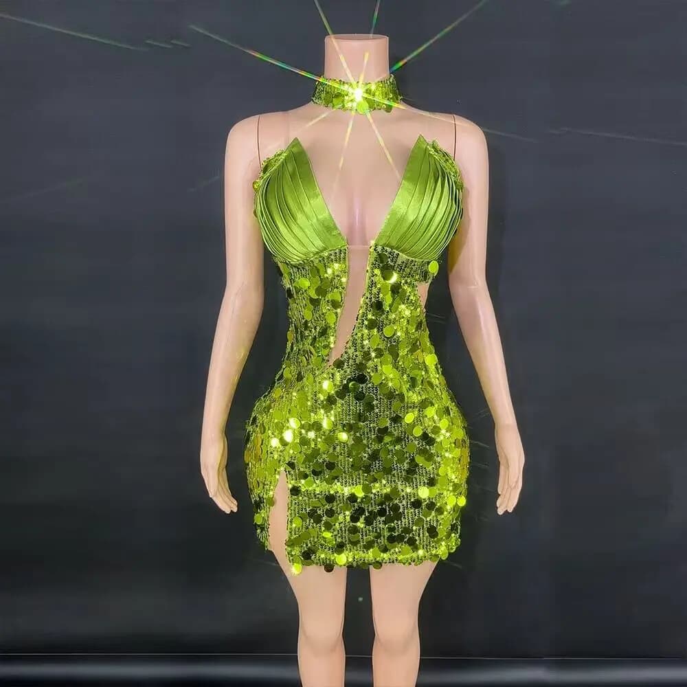 Sparkly Sequins Deep V Neck Short Skirt for Women Sexy Party Celebrate Birthday Dress Show Stage Wear Nightclub Dance Costume