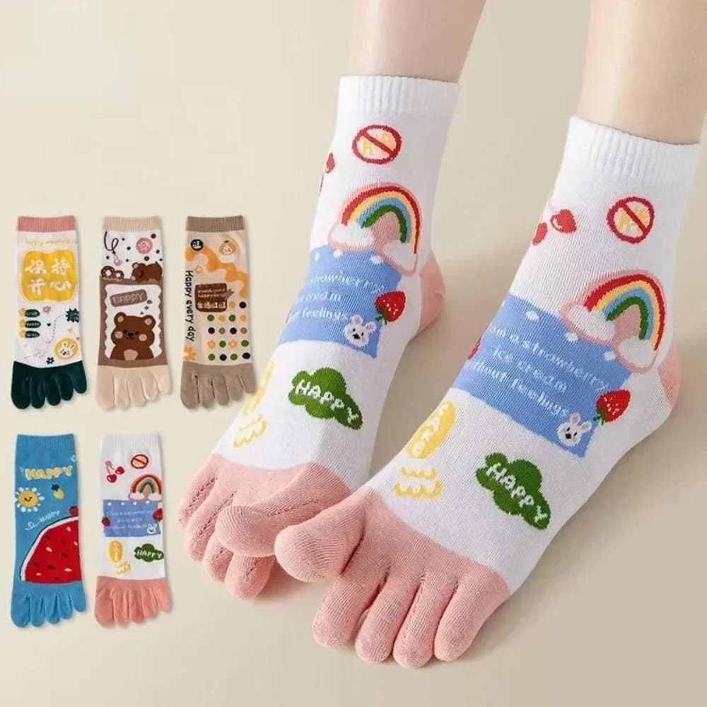 Cute 5 Finger Socks Cartoon Women Toe Socks with Separate Fingers Cotton Mid Tube Five Finger Socks Sports Yoga Spring Summer