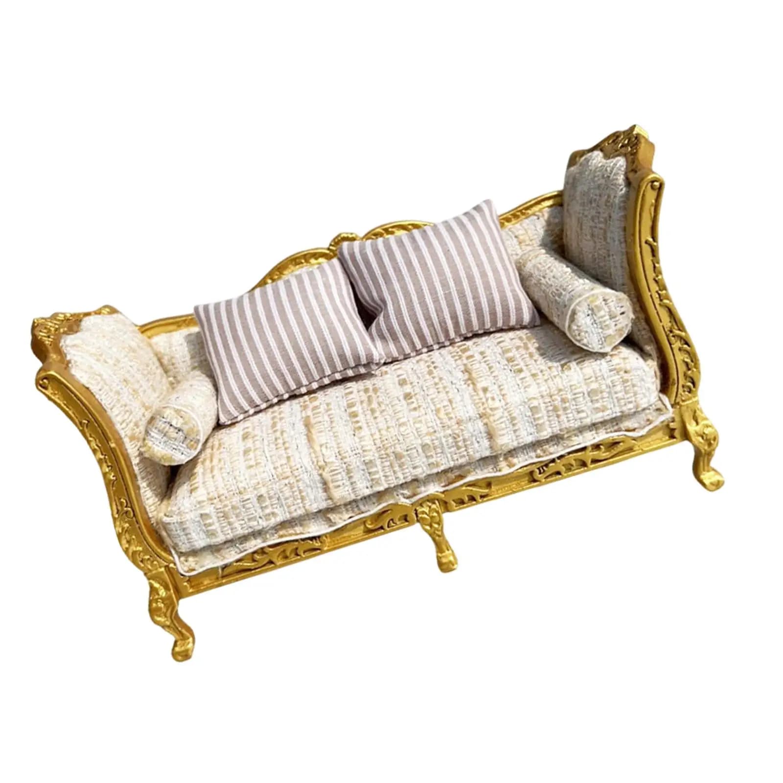 Dollhouse Miniature Wood Sofa, Miniature Sofa Model, Gold Dollhouse Decorative for 1:12 Miniature Doll House Bedroom DIY Toys
