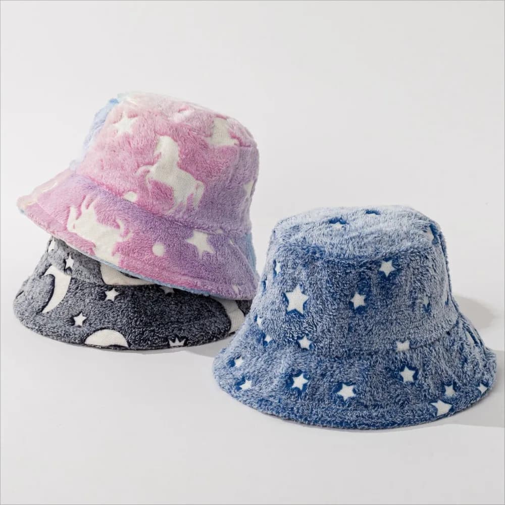 Fashion New Winter Star Moon Bucket Hat For Women Pink Panama Soft Warm Hats Female Vintage Faux Fur Fisherman Hats Women's Cap