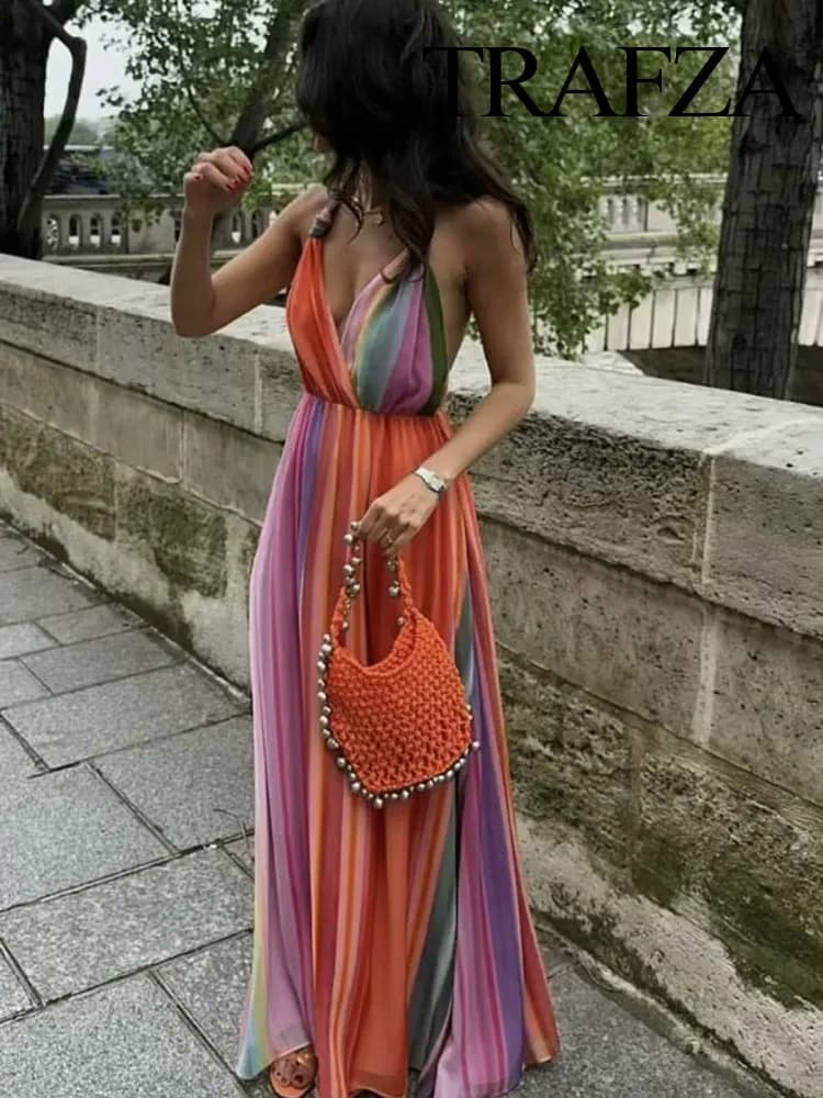 TRAFZA Women's Summer Beach Style Maxi Dress Fashionable and Sexy V-Neck Chic Print Elegant Women's Backless Halter Neck Dress