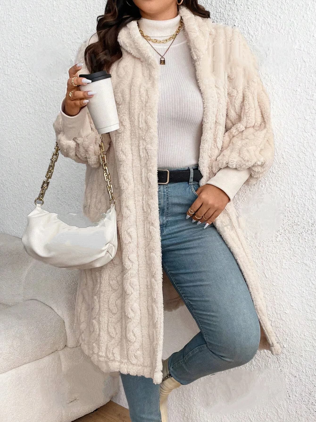 Large size plush long coat for women, fashionable and casual lapel, solid color coat, 2025 winter new women's clothing