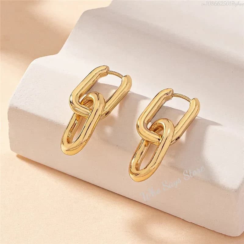 Retro Double Loop Design Drop Earrings Gold Silver Color Geometric Round Earrings for Women Girls Punk Hip Hop Fashion Jewelry