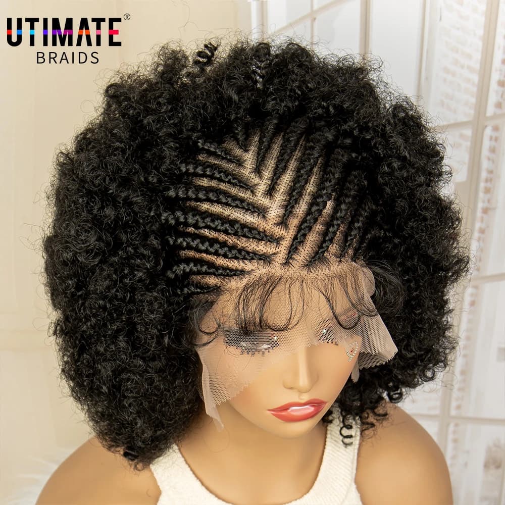 Full Lace Afro Braided Wig for Women African Wig Cornrow Braids Lace Wig with Baby Hair 8 Inch Short Kinky Curly Braid Wigs