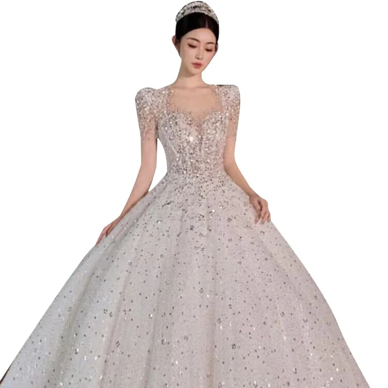 2024Simple Bridal Dress Sequin EmbellishmentNeck Floor-length Back Strap Sweep Train Princess Dress Vestido De Noiva Customized