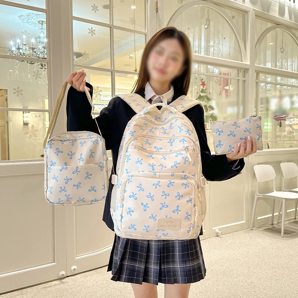 Korean Fashion Bow Print Women Fashion Backpack Lightweight Simple Student Schoolbag Female Bag Set Three-Piece