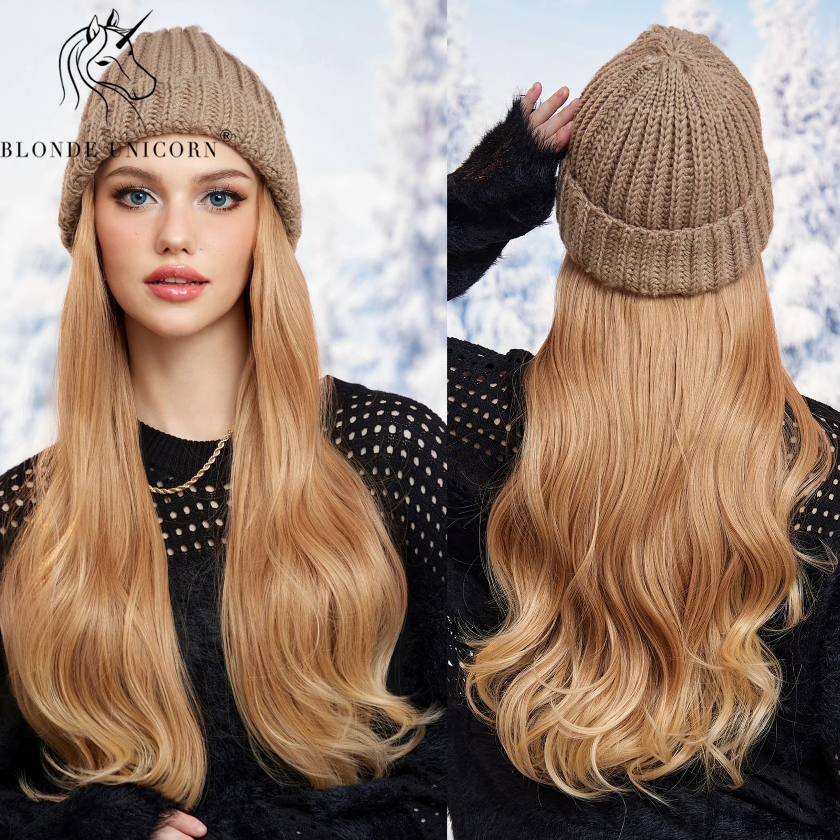 Blonde Unicorn Hat wigs Cap with Hair Hat Wig Blonde Wavey Wig Separable Synthetic Hair Women Daily Party High Temperature