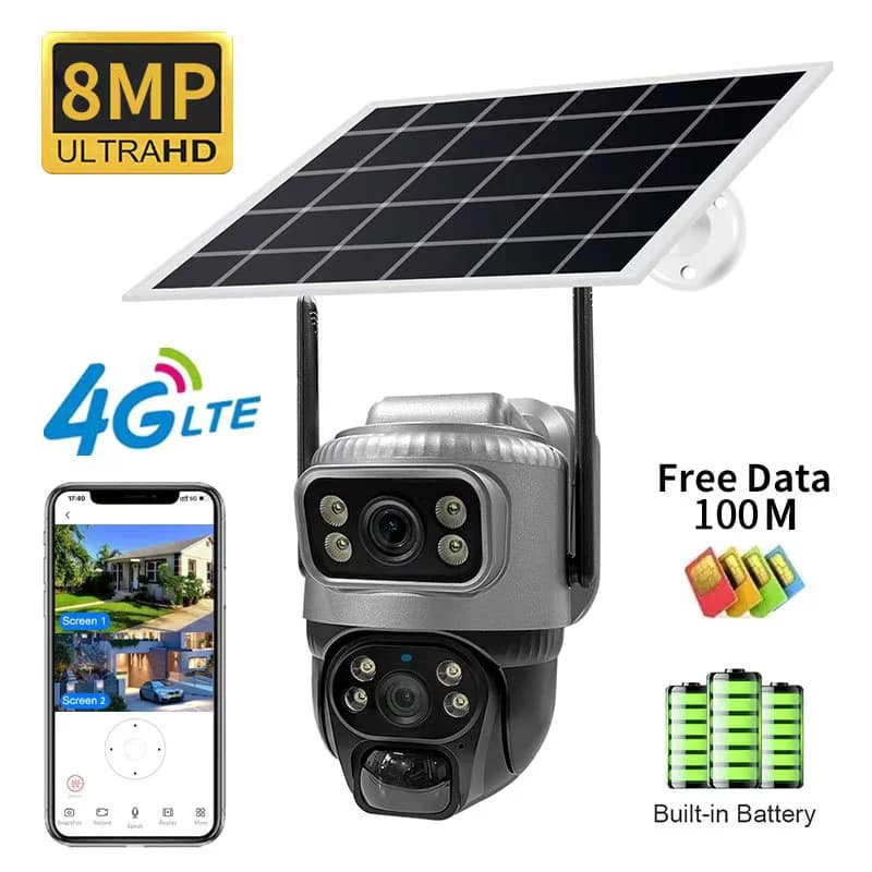 4G Solar Camera 8MP 4K Dual Lens PIR Sim Card built in Night Vision Waterproof Security Video IP Camara Battery CCTV Monitor