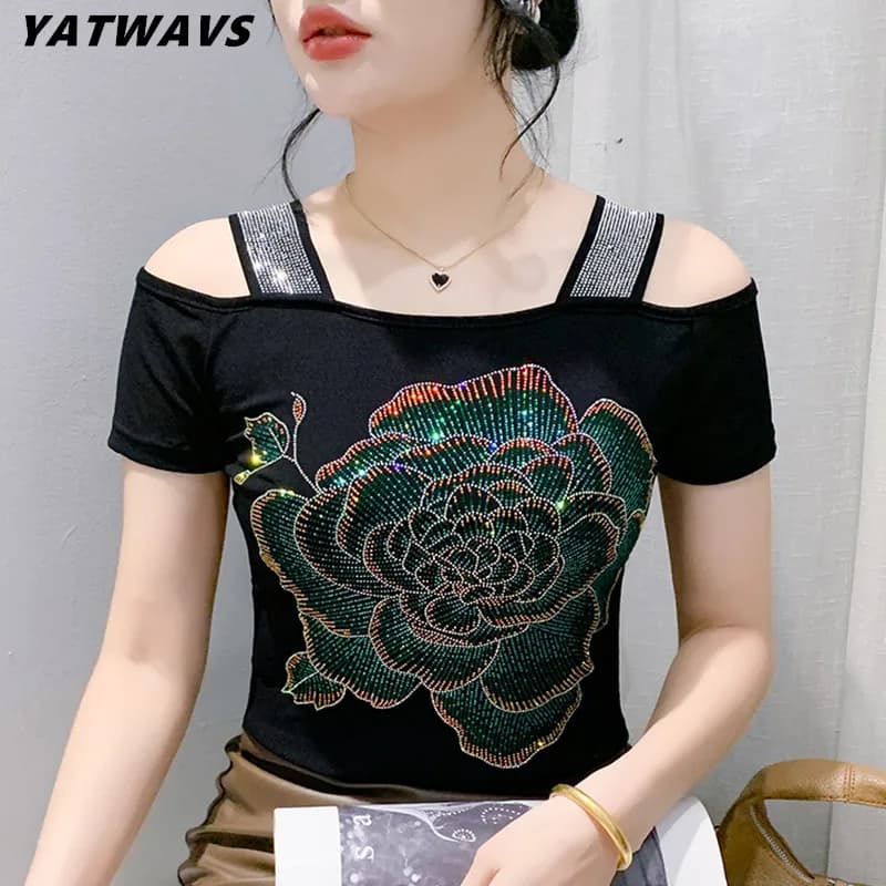 High Quality New Summer Sexy Off Shoulder Women's T-Shirt Chic Flower Hot Diamonds Tees Elegant Short Sleeved Slim Mesh Tops