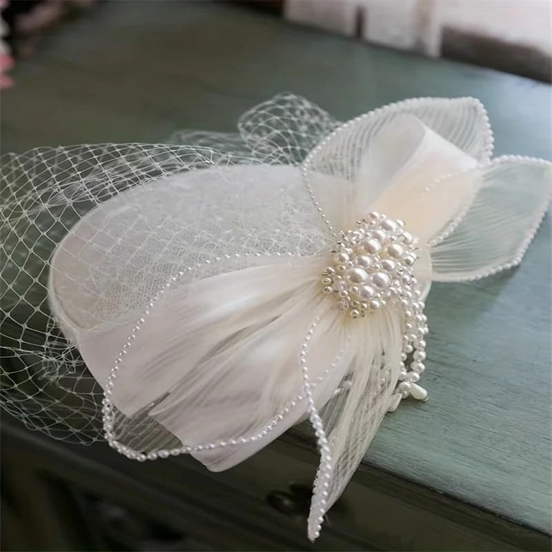 Bride's Wedding Gown Headdress Vintage Elegant Mesh Top Hat Female White Fairy Hanfu Hair Accessories Super Fairy Pearl Headdres