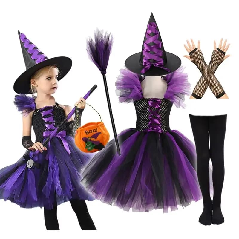 Girls Colour Witch Costume Disguise Halloween Cosplay Carnival Party Christmas Toddler Kids Princess Dress Prom Gown Dress