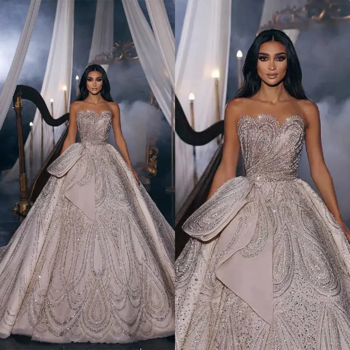 Elegant Wedding Dress For Women Sheer Neck Sleeveless Bow Bridal Gown Sequins Sweep Train Customized Dresses