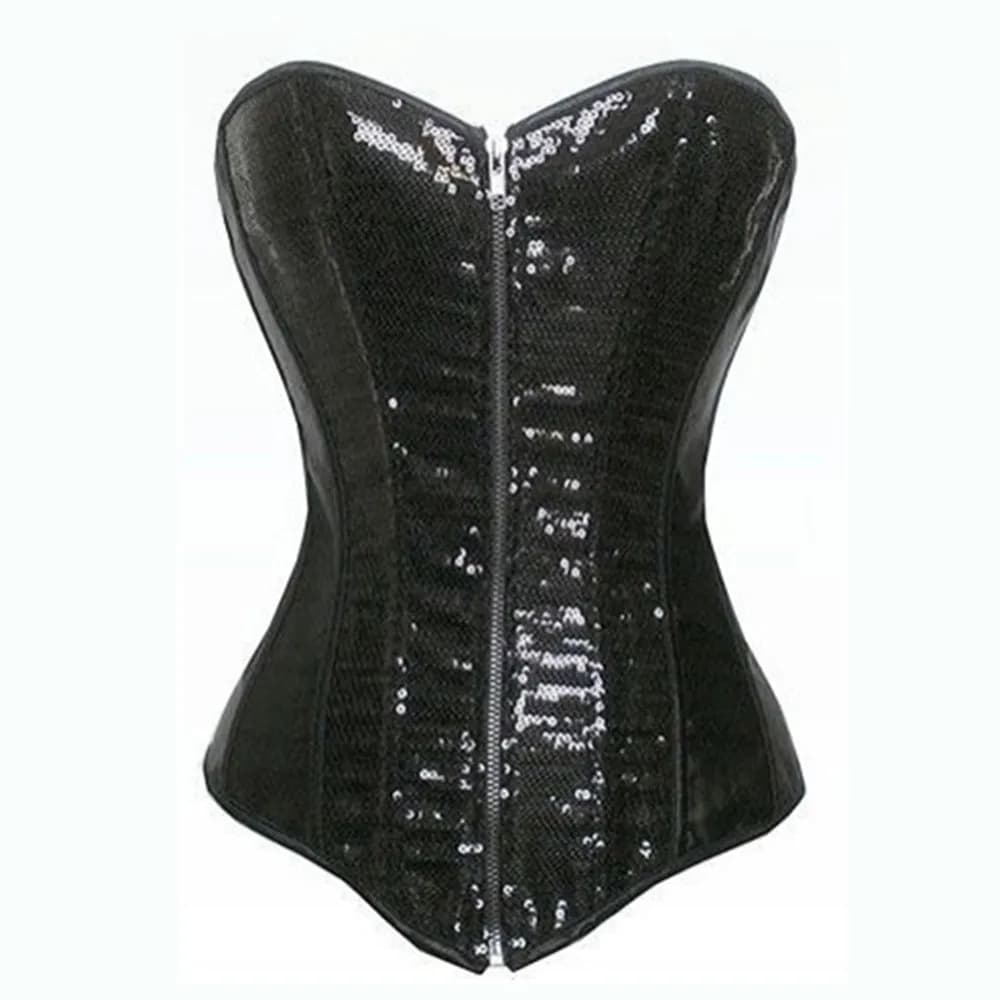 Black Sequin Overbust Corsets for Women Sexy Gothic Corset Bustier with Zipper Lace Up Boned Waist Corset Top Burlesque Lingerie