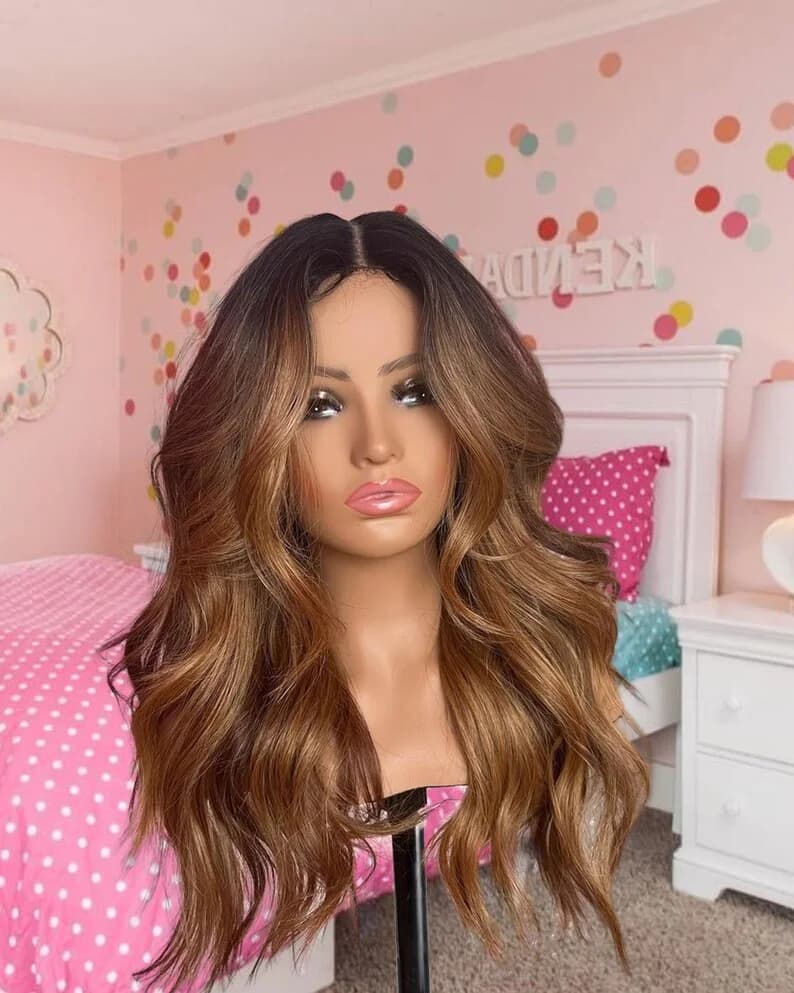 Body Wave Long Soft 28" Ombre Brown 5x5 Silk Base Free Part  Jewish Human Hair Wig With Bangs HD Lace European Hair Preplucked