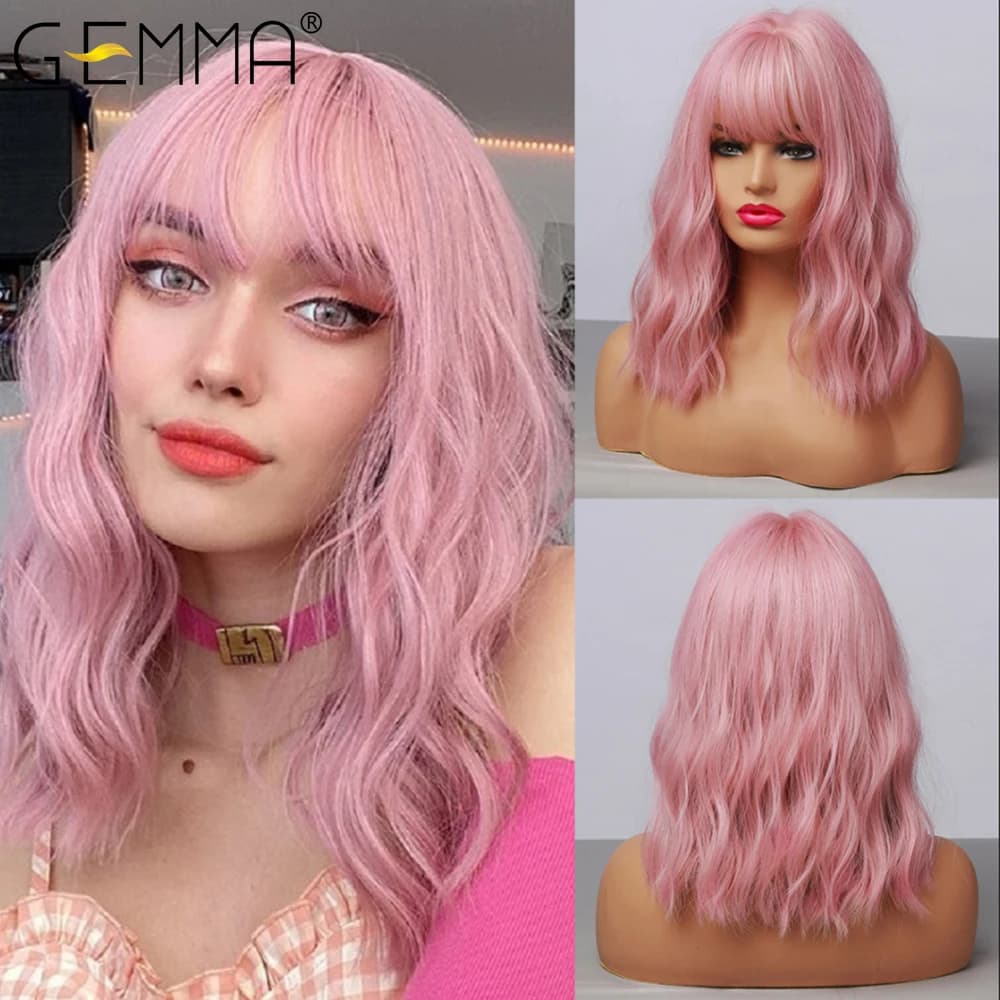 GEMMA Medium Wavy Synthetic Wig with Bangs for Black Women African American Natural Pink Bob Lolita Cosplay Heat Resistant Hair