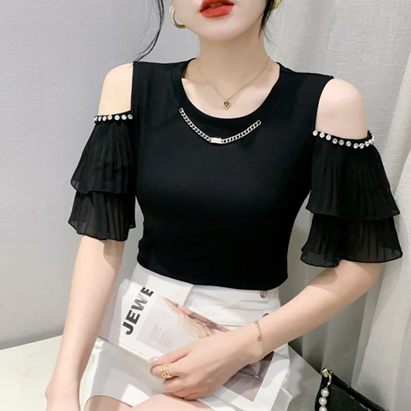 #5411 Black White Short Sleeve T Shirt Women Ruffles Sleeve Sexy Short T Shirt Femme Stretch Cotton Off Shoulder T Shirt Summer