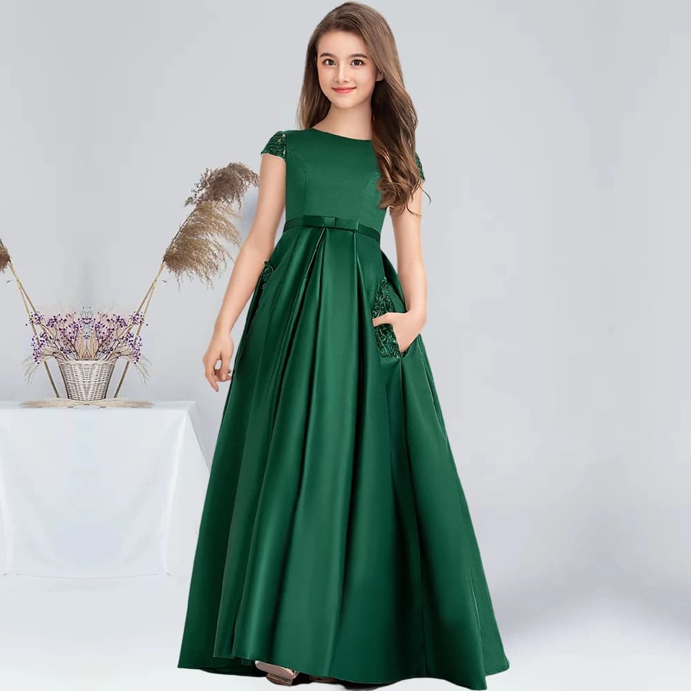 Ball-Gown/Princess Scoop Floor-Length Lace Satin Junior Bridesmaid Dresses With Bow Dark Green Flower Girl Dress Communion Dress