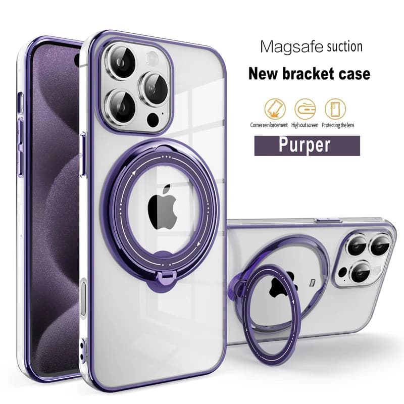 For iPhone16 Pro Max ,16 Plus Case Magnetic Transparent Soft TPU Plating Bracket Ring Back Holder Lens Protection Cover for iP16