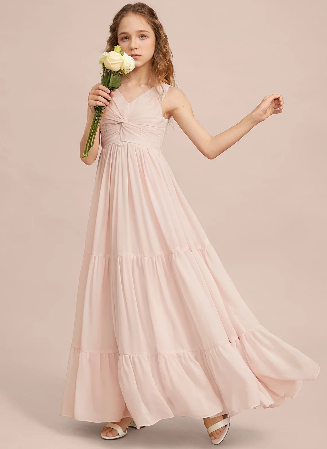 YZYmanualroom a-line-v-neck-floor-length-chiffon-junior-bridesmaid-dress  /Custom Made