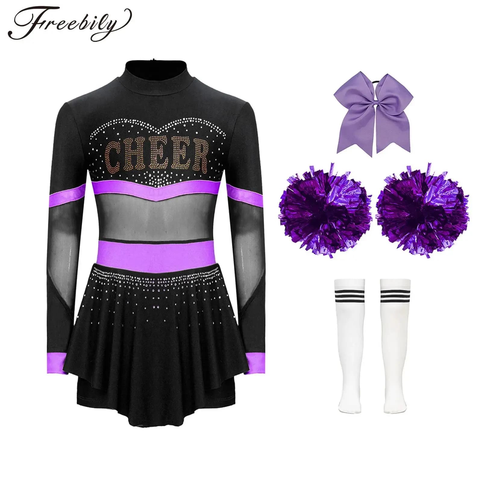 4Pcs Kids Girls Cheerleading Uniform Outfits Set Halloween Fancy Dress Cheer Leader Cosplay Costume Dance Party Wear