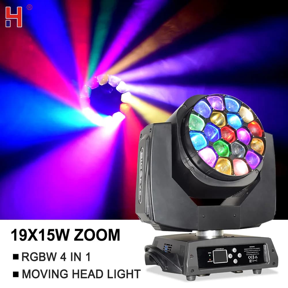 HongYi Big Bee Eye Moving Head Light 19*15W 4In1 RGBW Zoom Wash Beam Stage Light DJ  Infinite Rotating Beam Effect For Disco Bar