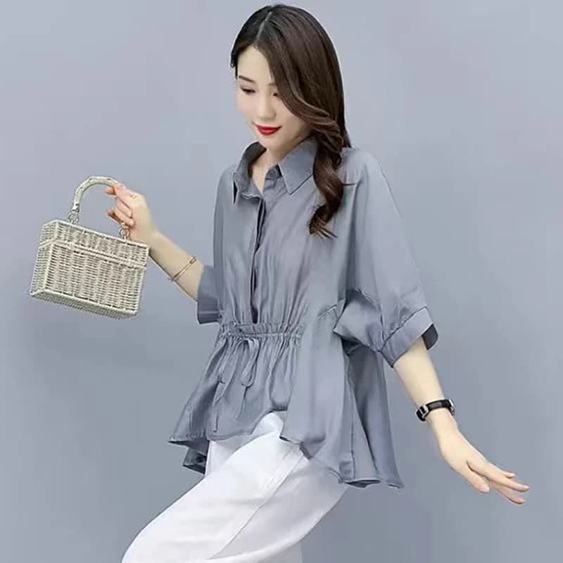 Fashion Lapel Spliced Shirring Bandage Blouses Women's Clothing 2024 Autumn New Loose Solid Color Chic Tops Commuter Shirts