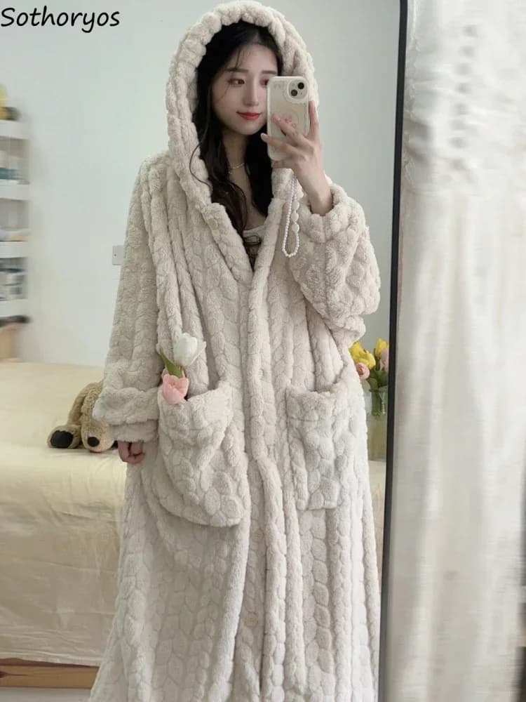 Hooded Robe Women Big Pockets Sweet Thicker Warm Homewear Bathrobe Kawaii Young Girls Sleepwear Casual Comfortable Pure Color