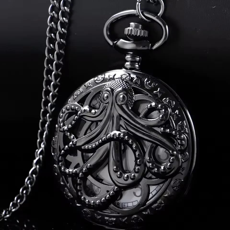 Vintage Punk Black Octopus Creative Flap Quartz Pocket Watch  Pendant Necklace Men's Children's Gift