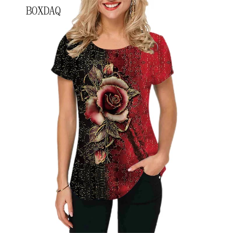 Fashion Women Floral T-shirts Short Sleeve 3D Flower Printed Street Style T Shirt Loose Casual O-Neck Female Oversized Tops Tees