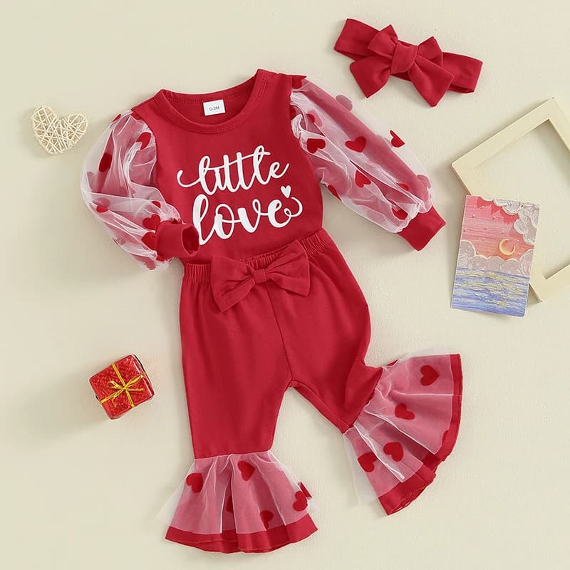 Valentine s Day Baby Girls Outfit Set with Heart Print Romper Red Flared Pants and Matching Headband - Adorable 3-Piece Set