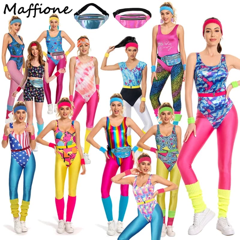 6Pcs/set Adult Women 80s Hippie Disco Cosplay Costume Outfits Sportwear Retro Female Fitness Clothes Halloween Carnival Suit