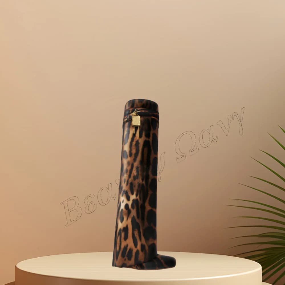 Leopard Lock Decor Shark Boots Knee High Metal Decoration Brown Slip on High Heel Shoes for Women Heels 2024 Zapatillas Mujer