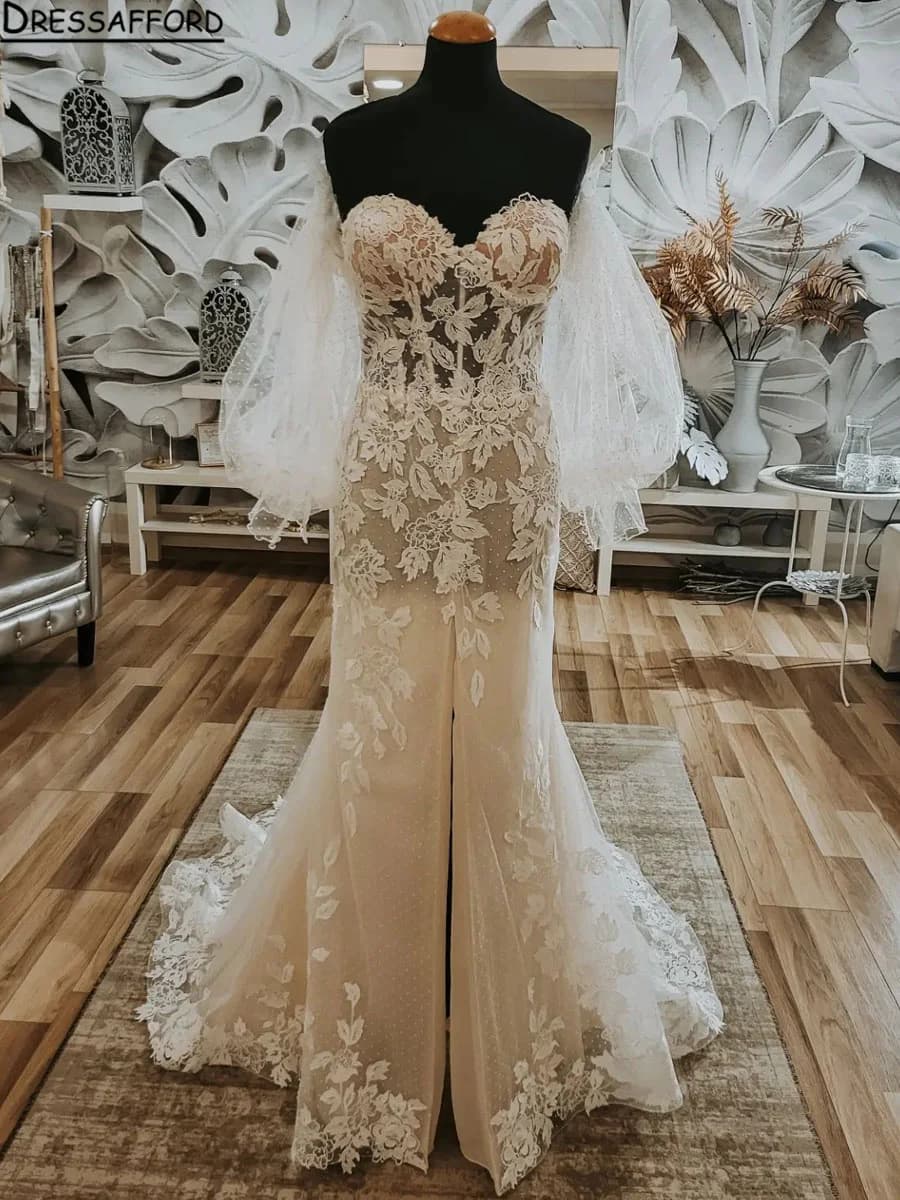A Line Boho Bohemia Wedding Dress Long Flare Sleeve Lace Chiffon Backless Court Train Sweetheart Robe De Mariée Sheer 2024