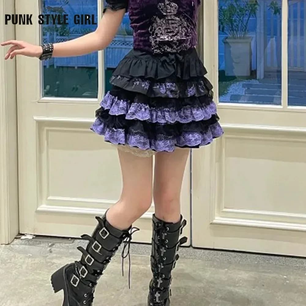 Cosplay Custume Patchwork Women Lace Kawaii Skirt Harajuku Girls Lolita Gothic Skirt Women Retro Ruffle Cake Tired Skirts Street