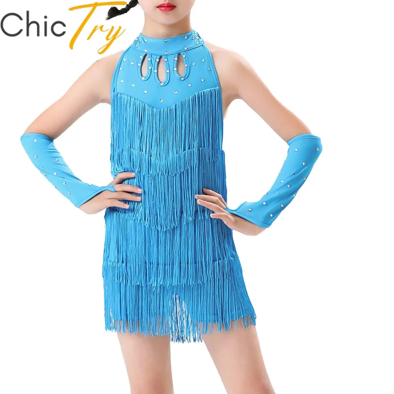 Kids Girls Sequins Ballroom Costumes Tassel Latin Dance Dress 6-16 Years Lyrical Dancewear Samba Modern Jazz Dancing Outfits