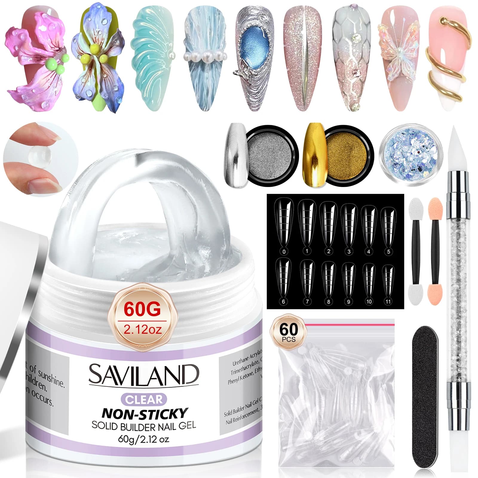 Saviland 60g Solid Builder Nail Gel Non-Sticky Hand Hard Gel Carving Extension Gel with Sequins Chrome Nail Powder DIY Salon
