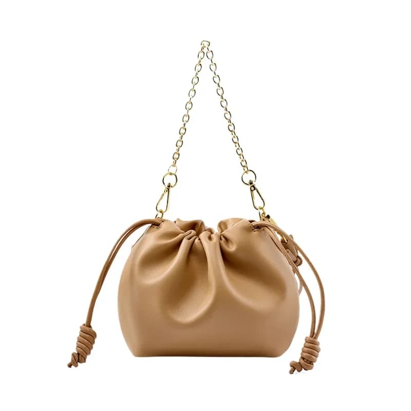 2024 Fall New Korean Style Drawcord Bucket Genuine Leather Chain Shoulder Bag Women's Cowhide Crossbody Pleated Handbag