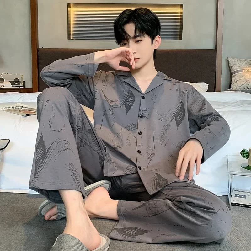Pure Cotton Pajamas Men's Spring and Autumn Cardigan Long-sleeved Trousers Youth Leisure