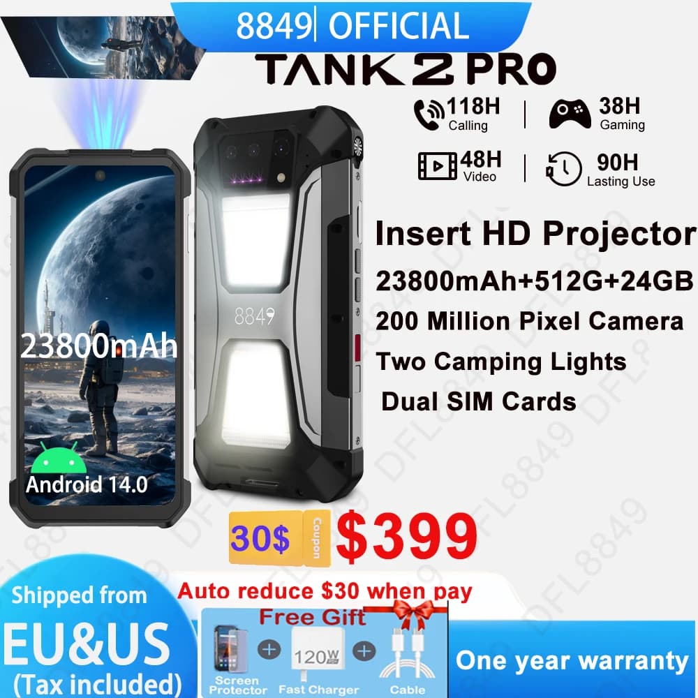EU US MX Warehouse 8849 Tank 2 PRO Rugged Smartphone Projector 24GB 512GB 100MP 23800mAh 120W Android 14 Dual Sim NFC OTG Phone