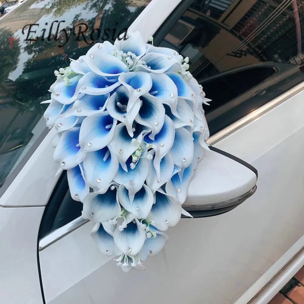 EillyRosia Original  White and Blue Calla Lily Cascade Bridal Bouquet Rhinestones Beach Wedding Flowers Set for Bridesmaid Groom