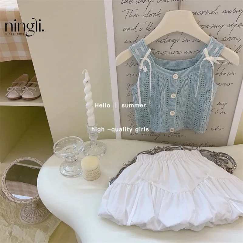 Summer Girls' Summer Western Style Hollow-out Sweater Set Vest Camisole Bud Skirt Two-Piece Suit Fashion